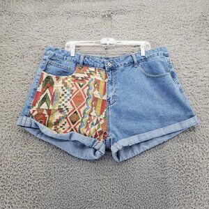 Shein Shorts Womens 3XL Blue Multicolor Aztec Pocket Denim Cuffed Casual Style